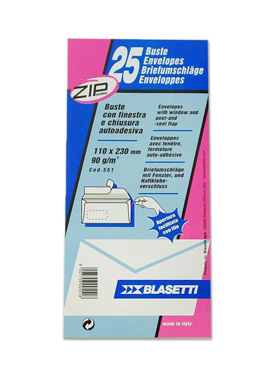BUSTA DI CARTA BIANCA CM.11x23 CONF. DA 25pz. CON FINESTRA E STRIP ADESIVO