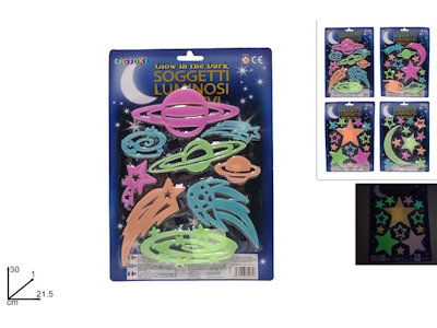 DECORAZIONI DA MURO FLUORESCENTI LUNA STELLE E PIANETI SU BLISTER CIGIOKI