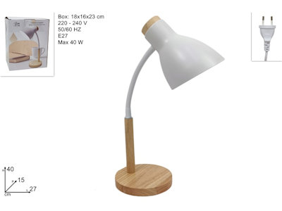 LAMPADA LUMETTO ASTA IN METALLO REGOLABILE BASE LEGNO CM.27xH.40 BIANCA DUESSE