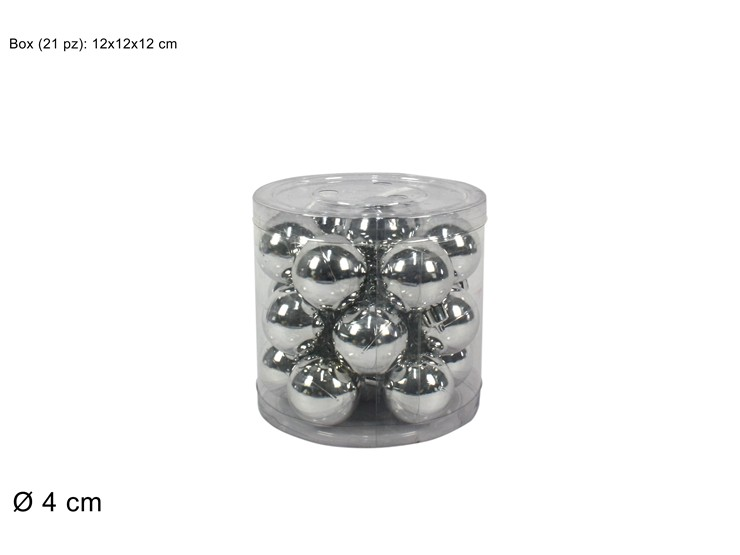 SFERE LUCIDE 4 CM. CONF. 21 PZ. IN CILINDRO VETRINA ARGENTO DUESSE