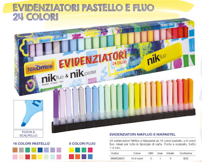 EVIDENZIATORE NIKOFFICE CONF. DA 24PZ. FUSTO TRIANGOLARE FLUO E PASTELLO