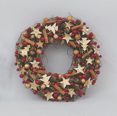 GHIRLANDA TONDA CM.34 IN LEGNO CON STELLINE ORO E BACCHE ROSSE EURONATALE
