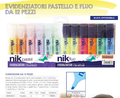 EVIDENZIATORE NIKOFFICE CONF. DA 12PZ. FLUO E PASTELLO