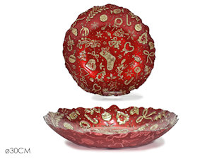 CENTROTAVOLA VASSOIO IN VETRO TONDO CM.D.30 ROSSO CON DECORI ORO 577526 GENERAL