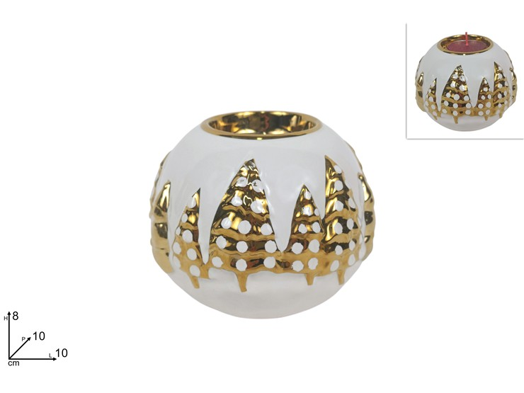 CANDELA SOLO PORTACANDELA TEALIGHT IN CERAMICA PALLA BIANCA CON ORO CM.H.8 DUESS