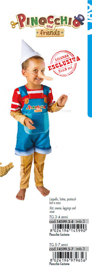 COSTUME PERSONAGGIO PINOCCHIO TAGLIA 3/4 ANNI