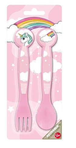 UNICORNO POSATE IN PLASTICA CUCCHIAIO E FORCHETTA SU BLISTER