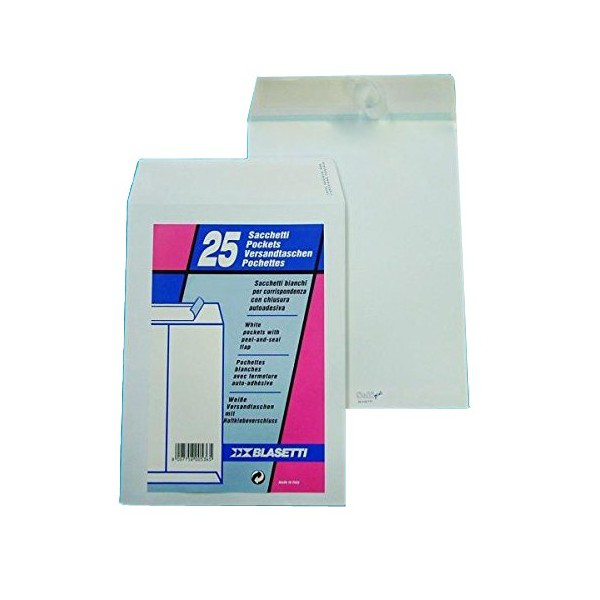 BUSTA IN CARTA A SACCO BIANCA CM.23x33 CONF. DA 25pz. CON STRIP ADESIVO