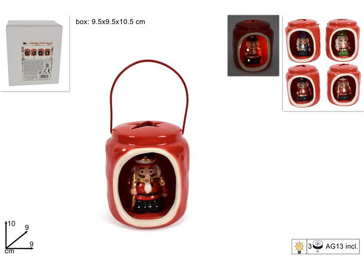 LANTERNA LUMINOSA IN CERAMICA ROSSA CM.10 CON PERS. SCHIACCIANOCI ED LUCI DUESSE