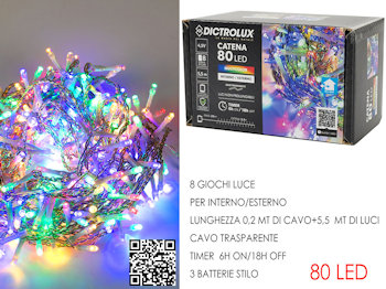 80 LED CATENA MT.5,5+0.2 CAVO TRAPARENTE MULTICOLOR A BATTERIE PER ESTERNO PR