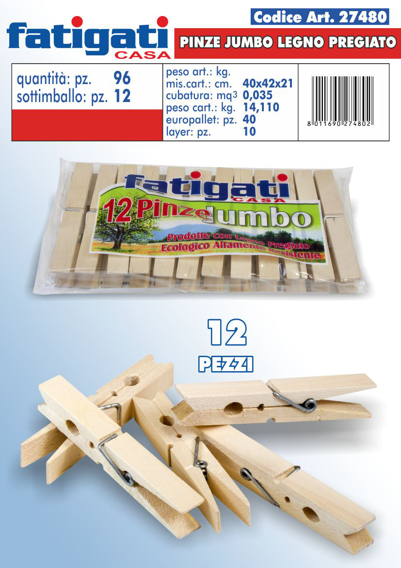 BUCATO MOLLETTE IN LEGNO JUMBO CONF.12PZ. FATIGATI