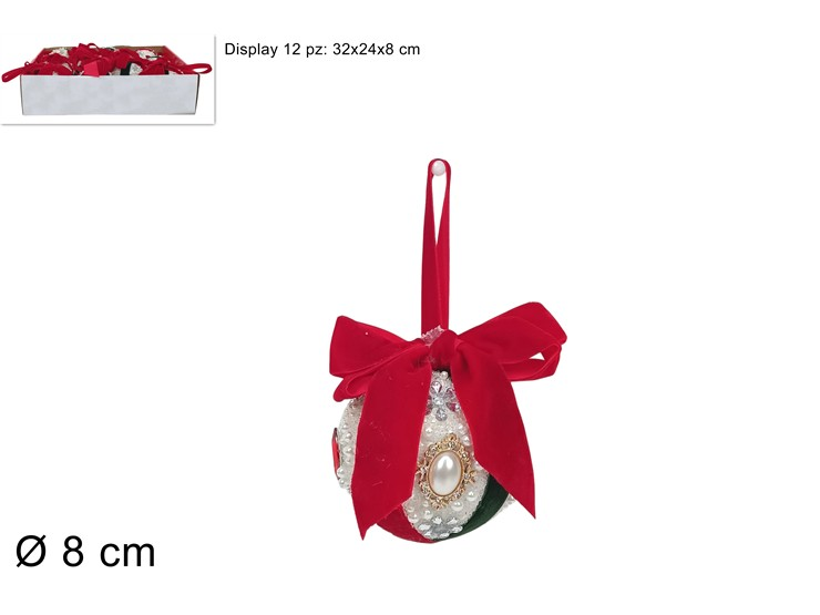SFERE LAVORATE SINGOLE 8 CM. BIANCA CON PERLINE E FIOCCO ROSSO DUESSE
