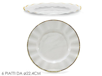 PIATTO IN PLASTICA RIUTILIZZABILE PIANO D.220 BIANCO CON RIGO ORO CONF.6PZ. GENE