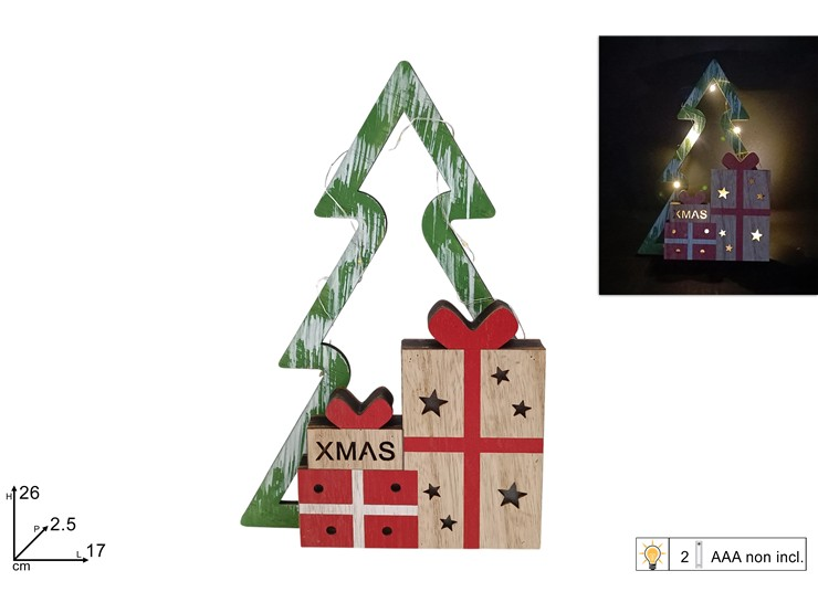 ALBERO DI NATALE IN LEGNO CM.H.26 CON LUCI E PACCO DONI DUESSE