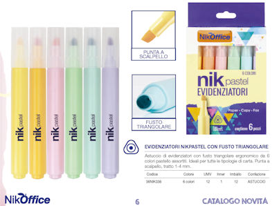 EVIDENZIATORE NIKOFFICE CONF. DA 6PZ. PASTELLO FUSTO TRIANGOLARE CON PUNTA SCALP