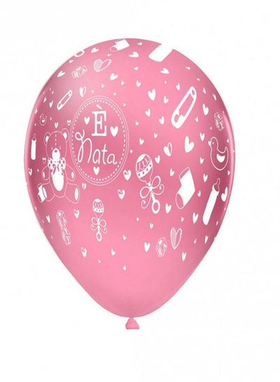 BENVENUTA PALLONCINI 12 POLLICI CM.30 SCRITTA E' NATA BIANCA SU ROSA CONF.100PZ.