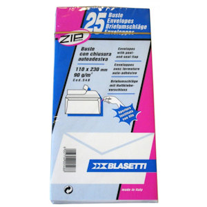 BUSTA DI CARTA BIANCA CM.11x23 CONF. DA 25pz. SENZA FINESTRA E STRIP ADESIVO