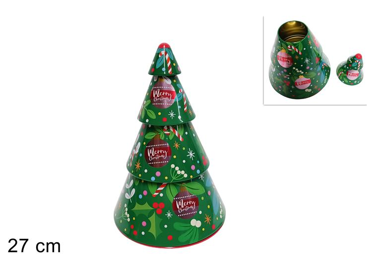 BARATTOLO IN LATTA CON COPERCHIO SAGOMATO ALBERO DI NATALE CM.H.27 DUESSE