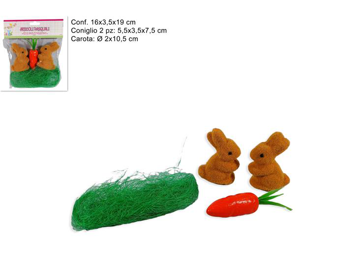 DECORAZIONE ANIMALETTI PASQUALI 2 CONIGLI CON NIDO E CAROTA CM.5x5x7,5