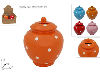 SALVADANAIO IN CERAMICA CLASSICO COLORE ASSORTITI CON POIS CM.16xH.19 DUESSE
