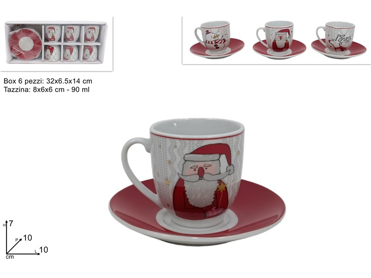 TAZZINE CAFFE' SET 6PZ BIANCHE CON PIATTINO CON DECORO PERSONAGGI NATALIZI DUESS