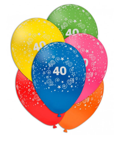 FESTA 40 ANNI PALLONCINI 12 POLLICI CM.30 CON SCRITTA BIANCA COL. ASS. CONF.100P