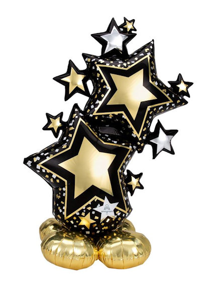 PALLONCINO MYLAR SAGOMA SOGGETTO LUNA STELLE NERE ED ORO SU BASE CM.34x59
