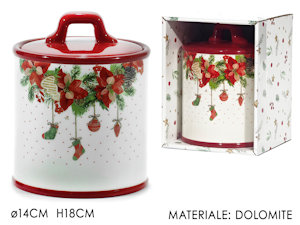 BARATTOLO IN CERAMICA CON TAPPO ROSSO DECORO NATALIZIO CM.D.14xH.18 471558 GENER