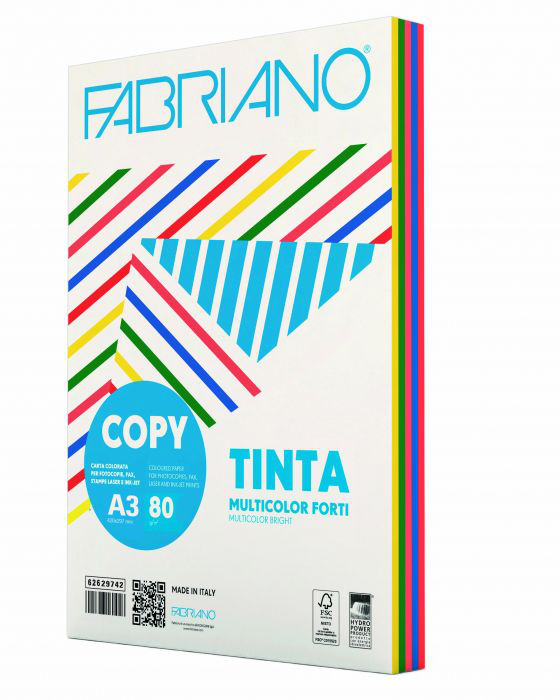 RISMA CARTA A3 80GR. 5 COLORI TINTE FORTI 250FF. FABRIANO 626