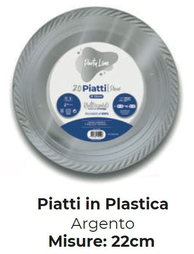 PIATTO IN PLASTICA RIUTILIZZABILE PIANO D.220 ARGENTO 20PZ PARTY LINE