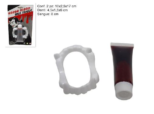 ACCESSORI VISO DENTIERA VAMPIRO CON FLACONE SANGUE FINTO SU BLISTER