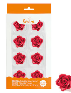 DECORAZIONI IN ZUCCHERO ROSA MEDIA ROSSA CONF. 8PZ. DECORA