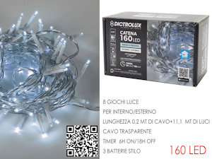160 LED CATENA MT.8+1,0 CAVO BIANCA GHIACCIO A BATTERIE PER ESTERNO PROGRAM.GENE