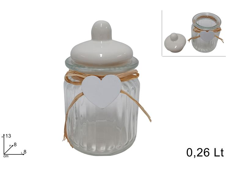 BARATTOLO IN VETRO CON TAPPO IN CERAMICA CM.8xH.13 CON PENDENTE CUORE DUES