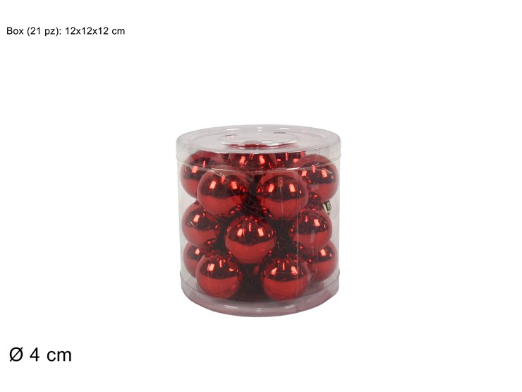 SFERE LUCIDE 4 CM. CONF. 21 PZ. IN CILINDRO VETRINA ROSSE DUESSE