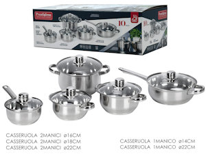 PENTOLA BATTERIA 10 PZ. IN ACCIAIO CON COPERCHI IN VETRO 587602 GENERAL