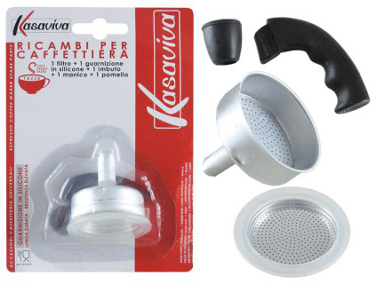 CAFFETTIERA KIT RICAMBI 1/2 TAZZA FILTRO+GUARNIZIONE+IMBUTO+MANICO+POMELLO KASAV