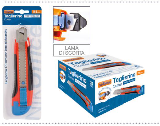 TAGLIERINO PROFESSIONALE IN PLASTICA CON BLOCCA LAMA CM.18 SU BLISTER NIKOFFICE