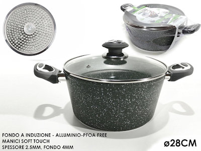 CASSERUOLA FONDO A INDUZIONE ALLUMINIO STEEL CM.28 COPERCHIO VETRO MANICI 2