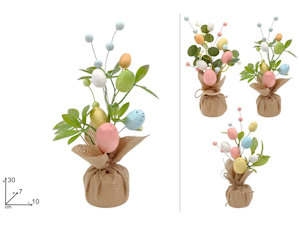DECORAZIONE PASQUALE PIANTINE CON OVETTI SU BASE JUTA CM.10x7xH.30 DUESSE
