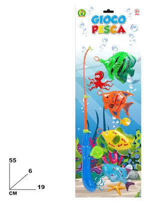 GIOCO CANNA DA PESCA 1PZ. CON 4 PESCIOLINI SU BLISTER CM.55x19 MAZ.