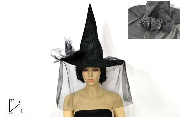ACCESSORI TESTA CAPPELLO STREGA IN PVC NERO D.43 CON VELO NERO COPRI FACCIA