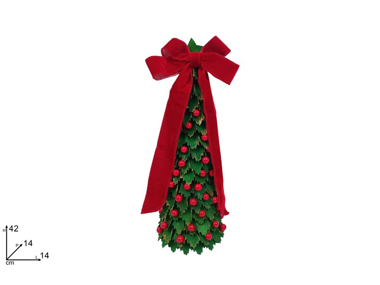 ALBERO DI NATALE CONICO CM.H.42 AGRIFOGLIO VERDE CON FIOCCO ROSSO DUESSE