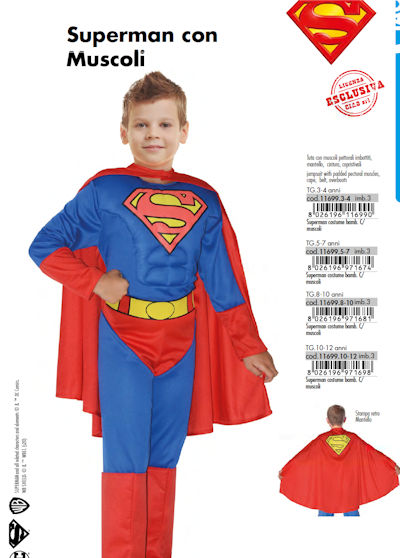COSTUME PERSONAGGIO SUPERMAN CON MUSCOLI TAGLIA 8/10 ANNI
