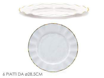 PIATTO IN PLASTICA RIUTILIZZABILE PIANO D.290 BIANCO CON RIGO ORO CONF.6PZ. GENE