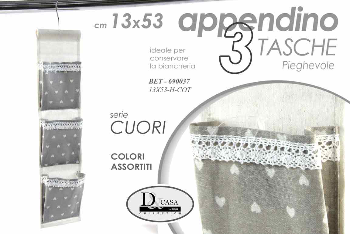 APPENDINO DA MURO IN TESSUTO TASCHE 3 POSTI DECO CUORI CM.15xH.53 GICOS 690037