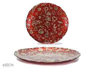 CENTROTAVOLA PIATTO IN VETRO CM.D.32 ROSSO CON DECORI ORO 577528 GENERAL