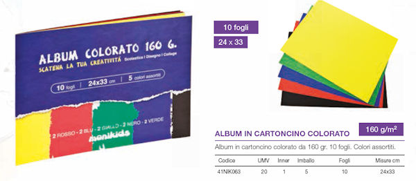 ALBUM DISEGNO 5 COLORI ASSORTITI NIKOFFICE 160GR. CM.24x33 10FOGLI