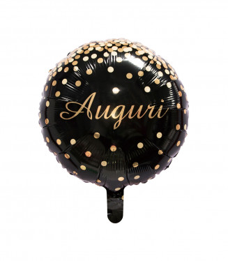 AUGURI PALLONCINO MYLAR CM.45 TONDO NERO DECORO CORIANDOLI ORO