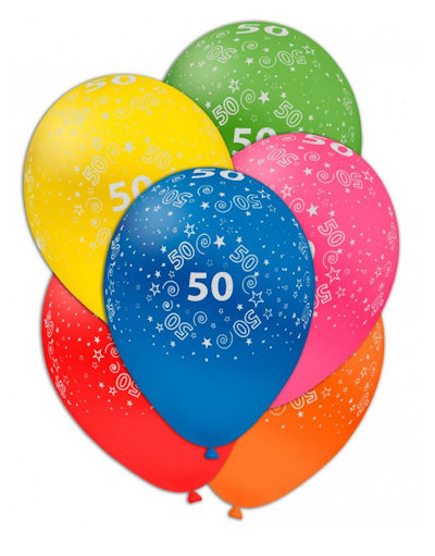 FESTA 50 ANNI PALLONCINI 12 POLLICI CM.30 CON SCRITTA BIANCA COL. ASS. CONF.100P